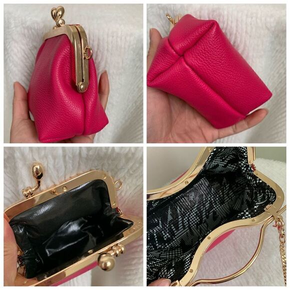 Hot Pink Pebble Leather Handmade Double Kisslock, Metal Frame Handbag Set - Picture 17 of 17